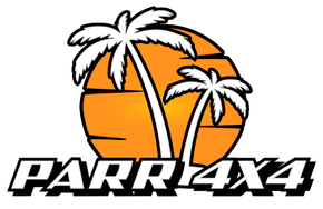 A logo for parr 4x4 with a basketball and palm trees