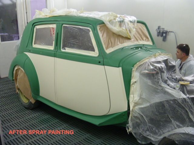 A green and white car is being spray painted