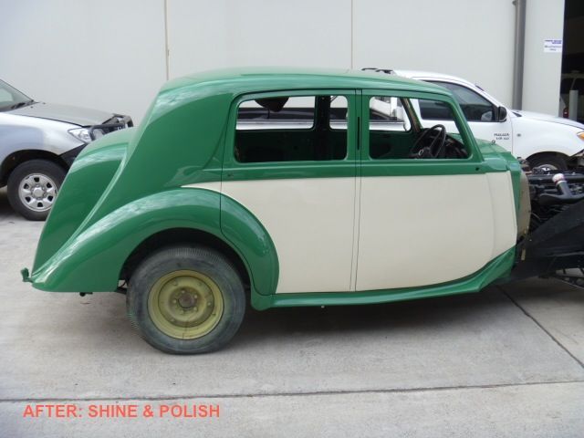 A green and white car with the words after shine and polish below it