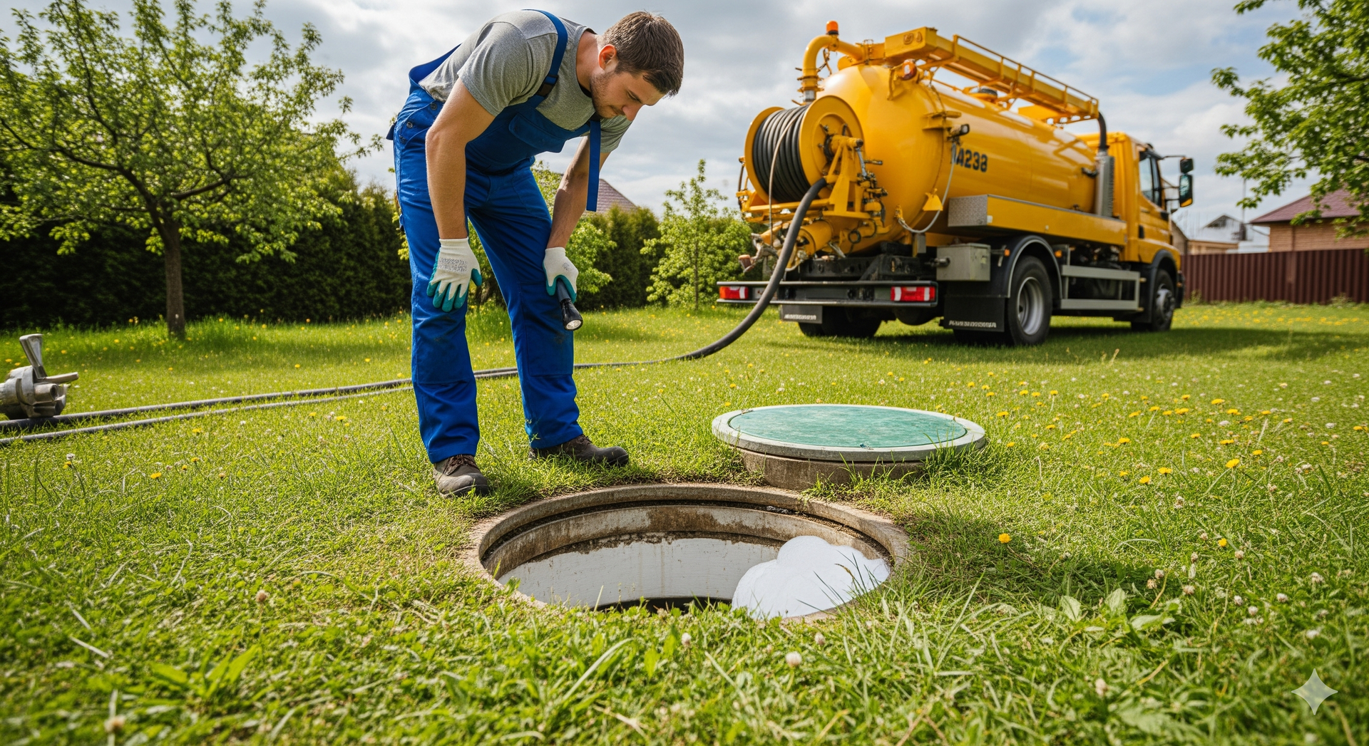 Septic system maintenance tips showing a well-kept backyard with septic tank access for homeowners