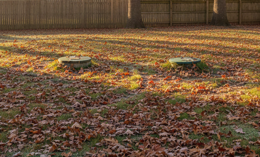Septic tank covers in yard with fall leaves, showing need for autumn septic maintenance