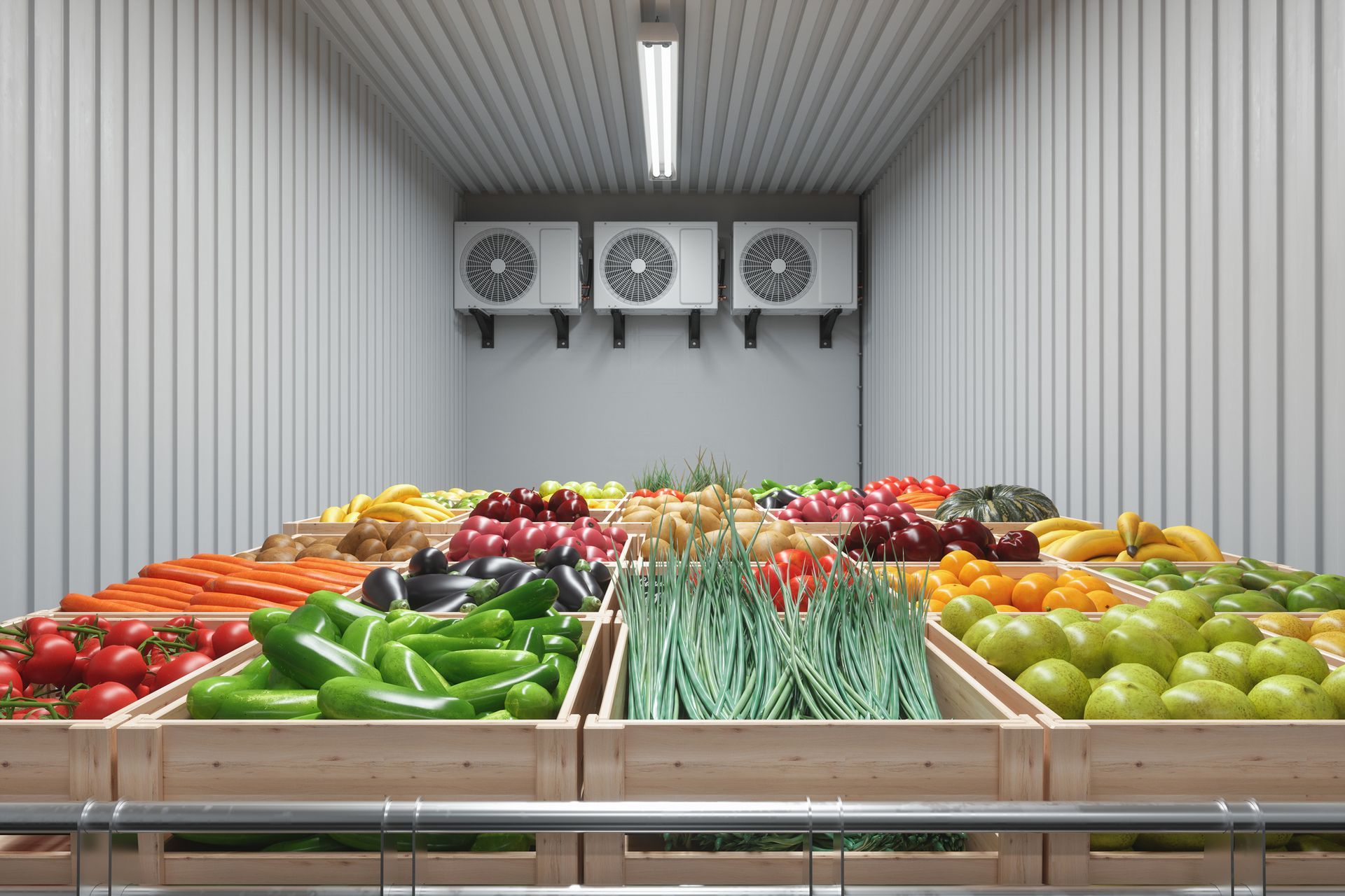 Produce display in a cold storage room; vegetables and fruits in wooden crates. Produce display in a cold storage room; vegetables and fruits in wooden crates.