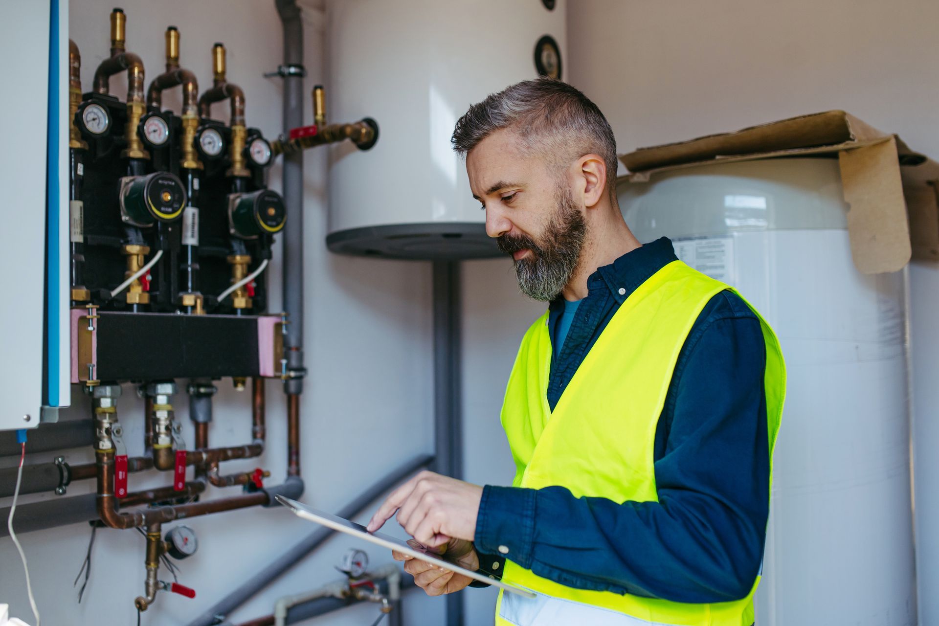 A man in a yellow vest inspects equipment with a tablet in an industrial setting.