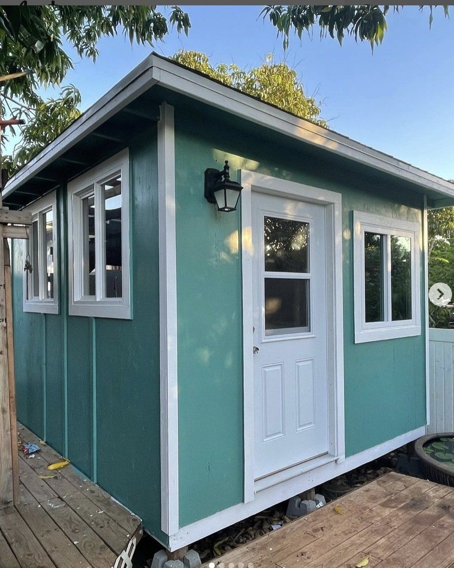 Studio shed with door and windows and decorative exterior