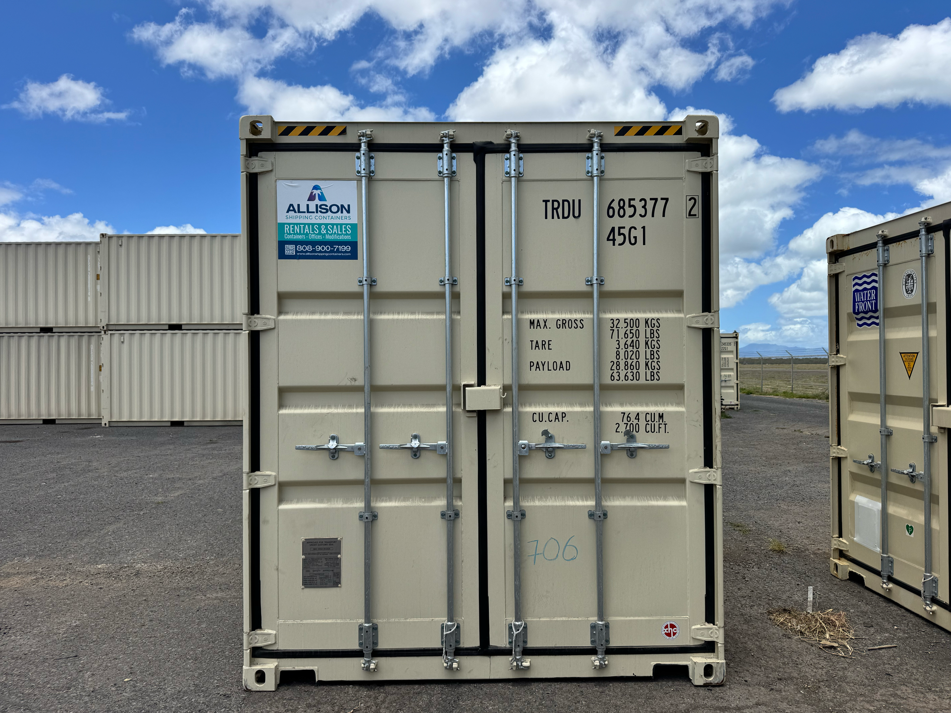 40 ft high cube shipping container exterior, corner angle.