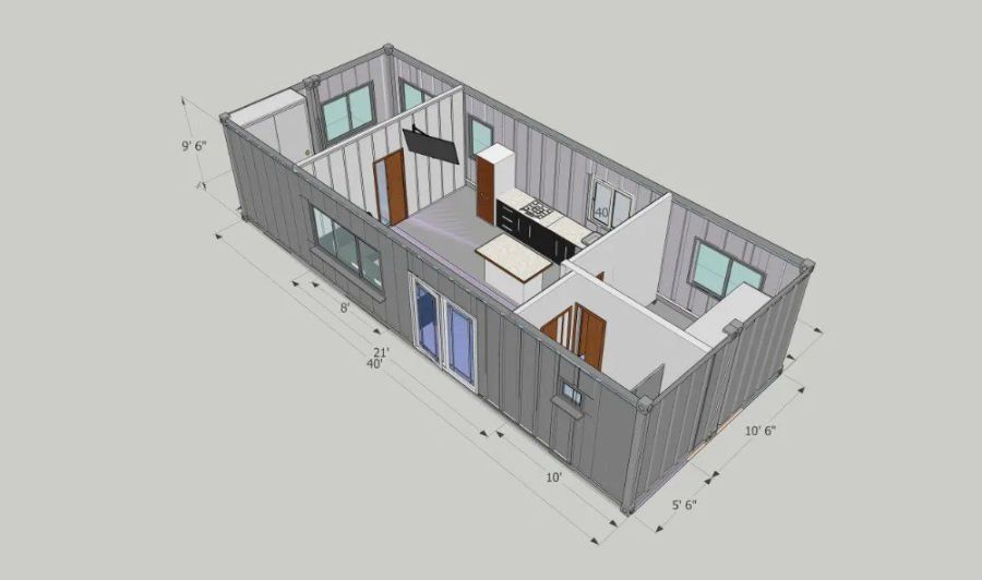 Custom containers, storage and studio sheds image showing a design drawing of a proposed container design with measurments