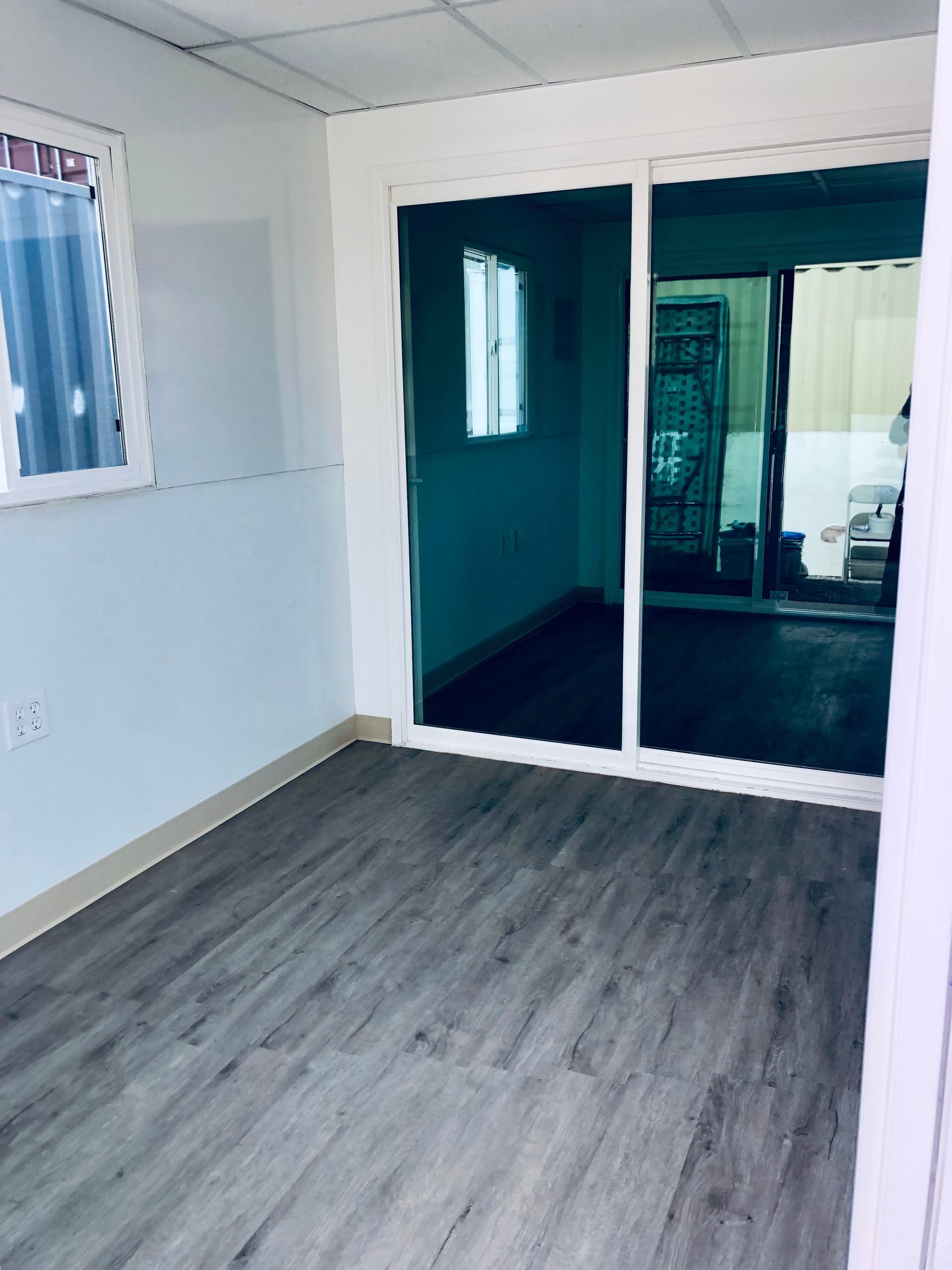 Mobile office interior with glass door