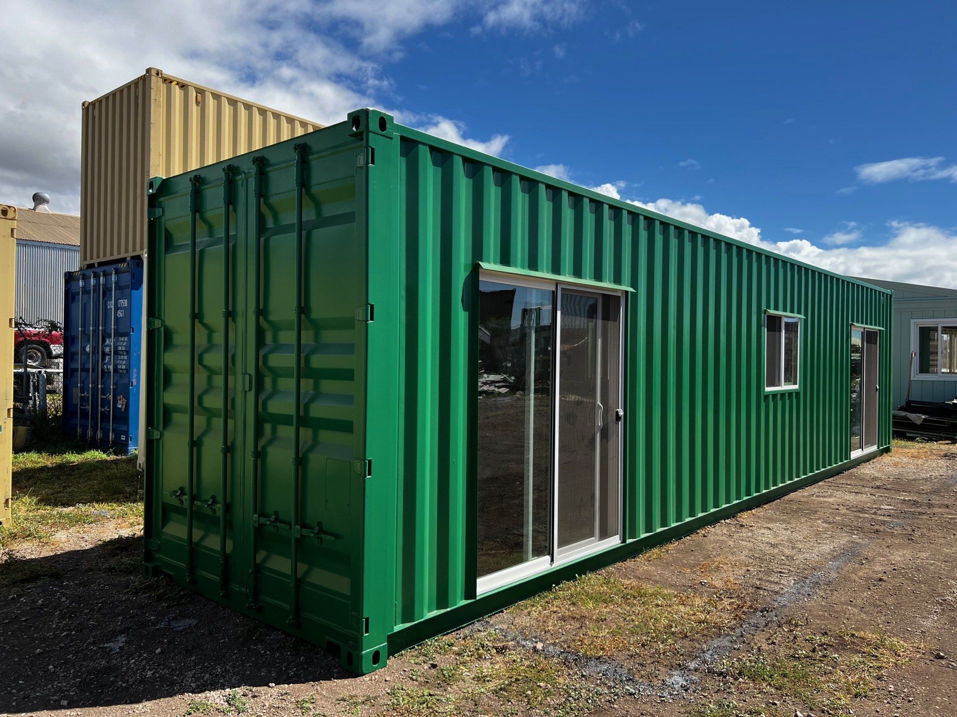 40 ft Custom Shipping Container Space with sliding door and window and green exterior