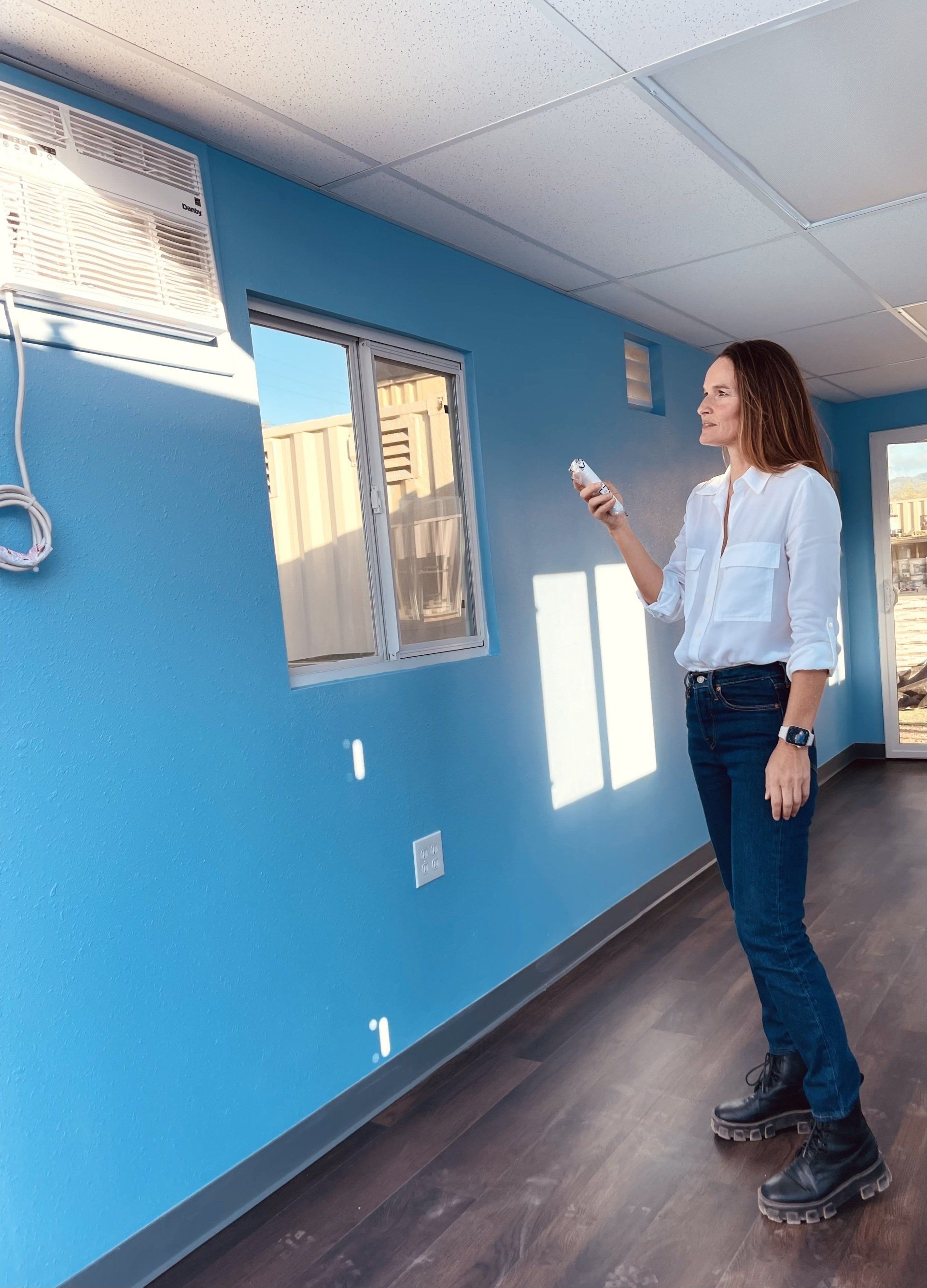 Custom Shipping Container Interior with blue interior and air conditioner