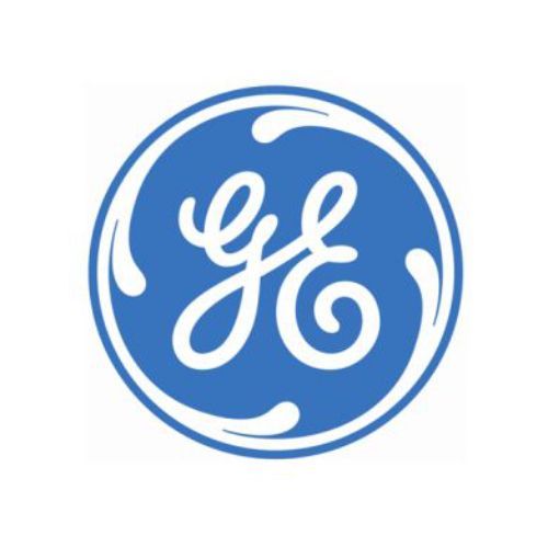 a blue and white ge logo on a white background