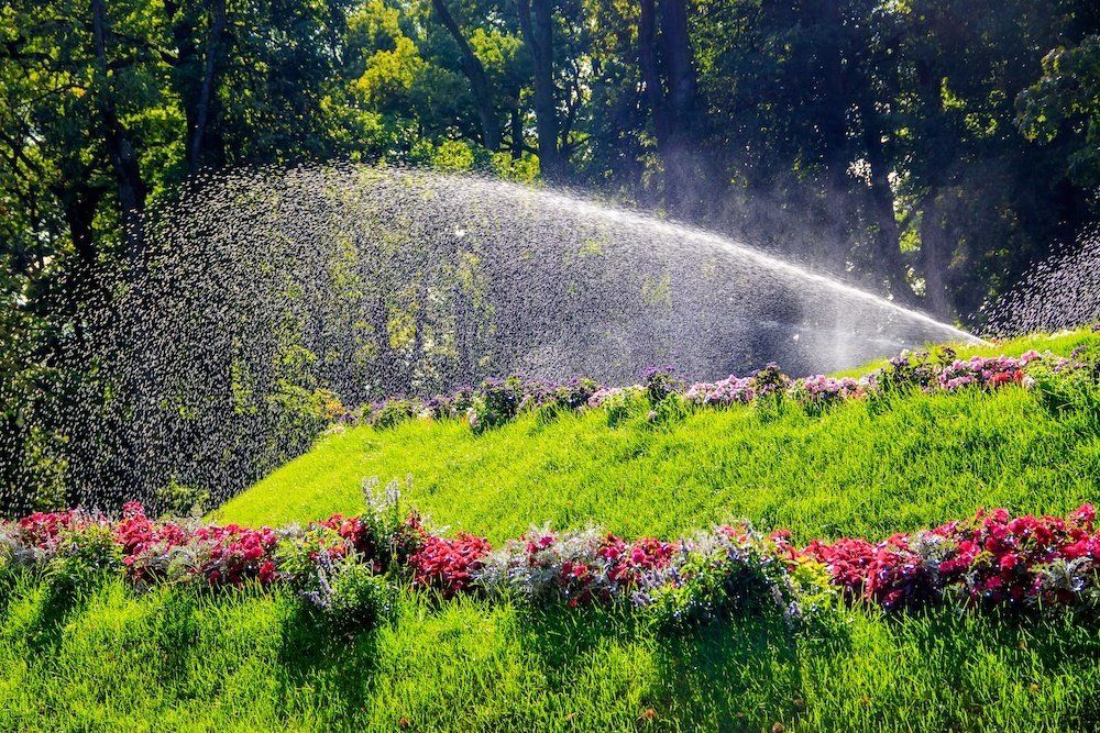 Sprinkler watering vibrant flowers and lush green lawns in a picturesque park.