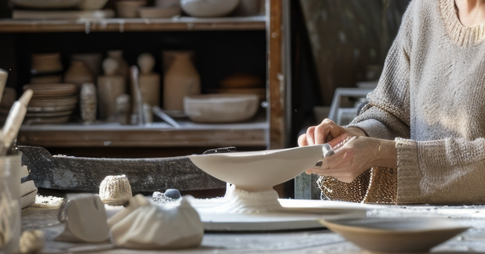 Person formt eine Keramikschale auf einem Tisch in einem Töpferstudio; im Hintergrund Regale mit Töpferwaren.