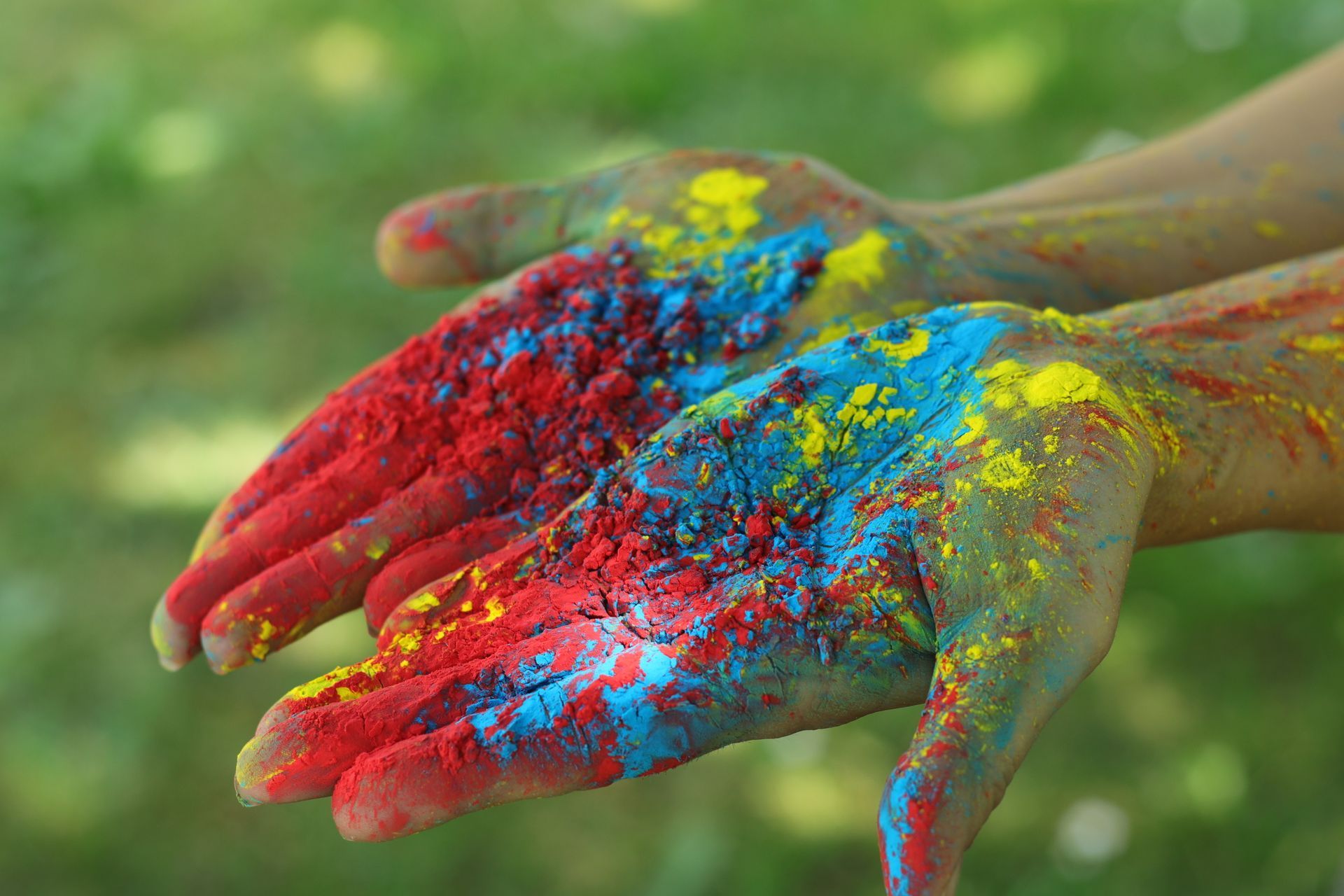Hohle Hände, bedeckt mit rotem, blauem und gelbem Pulver; verschwommener grüner Hintergrund.