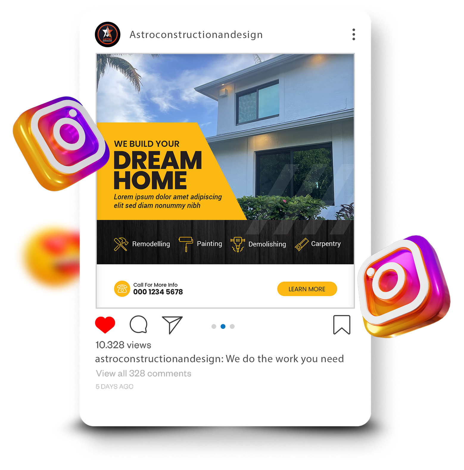 An Instagram post by Astro Construction and Design advertising home building services with a modern house photo.