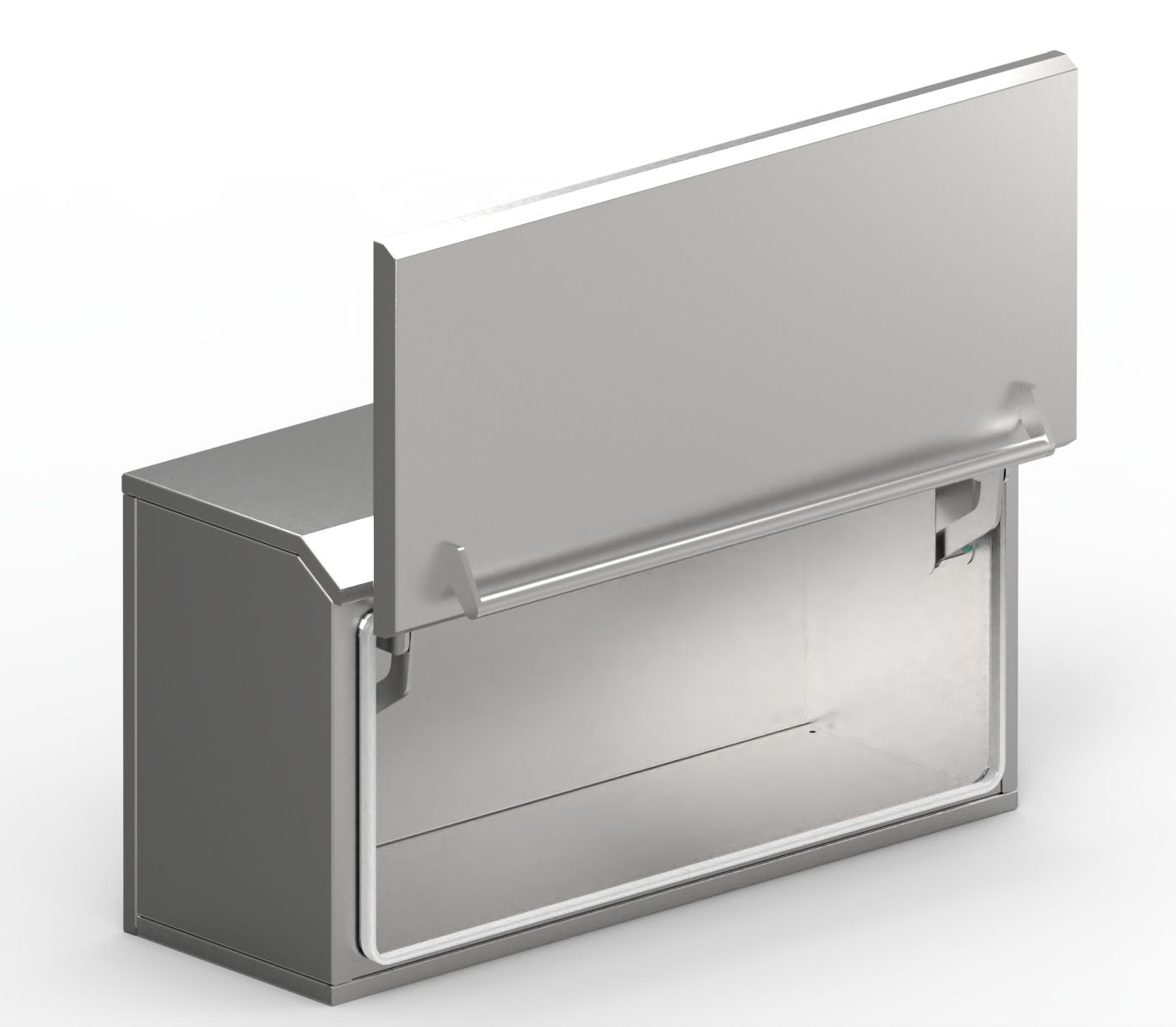 Doppelwandiges Edelstahlgehäuse mit Hubtür (lift-up door) – innenliegende Mechanik, geschützt für Outdoor- und Wechselklima