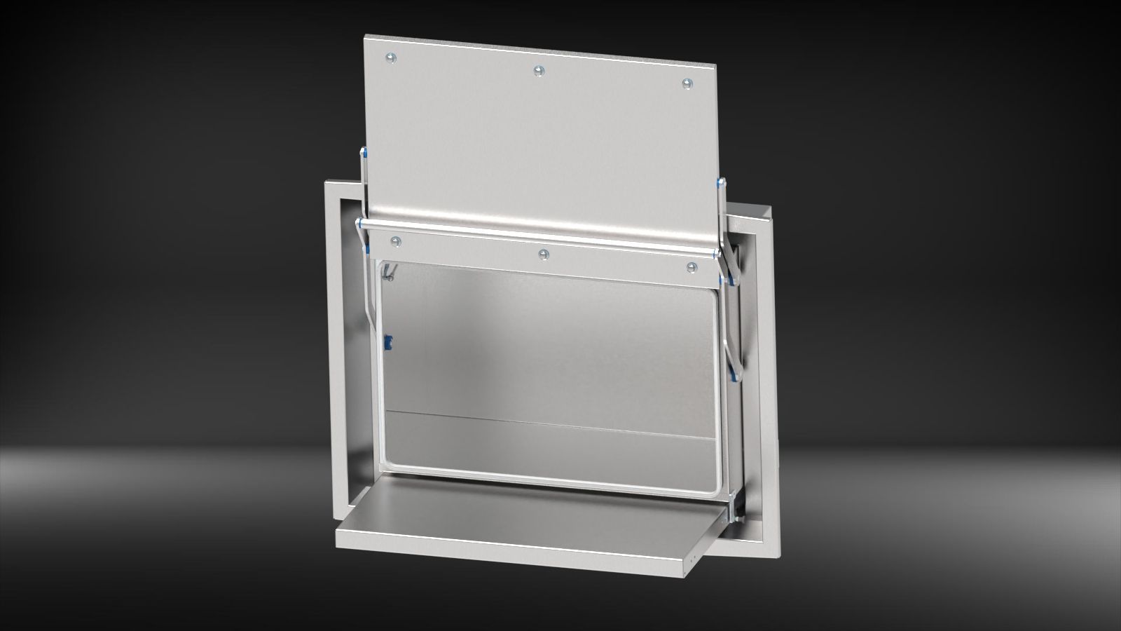 WallDesk – integrierter Arbeitsplatz im Edelstahl-Einbauschrank-offen