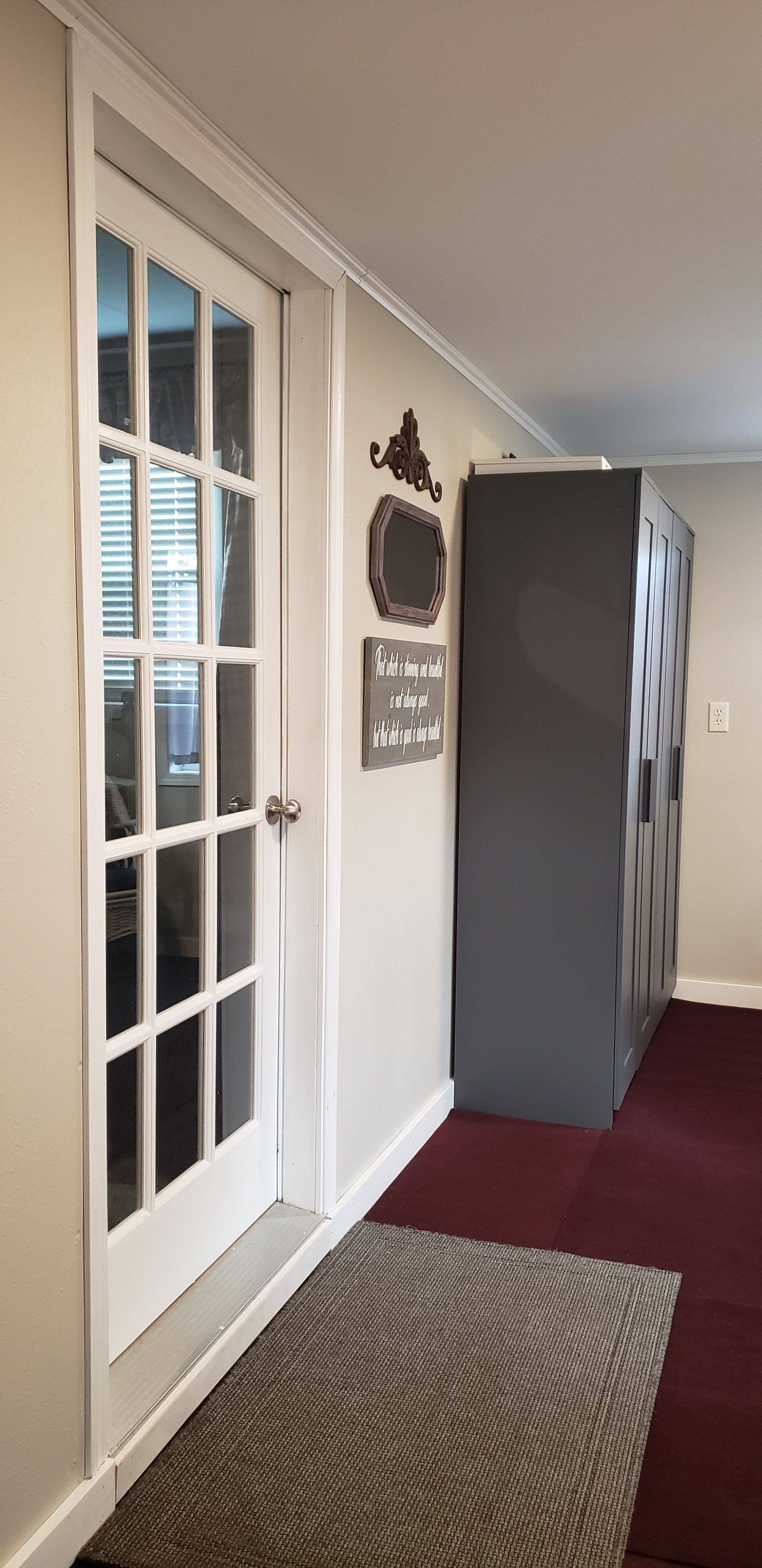 White door with glass panes opens to an interior. A gray cabinet stands against the wall. A rug sits on the floor.