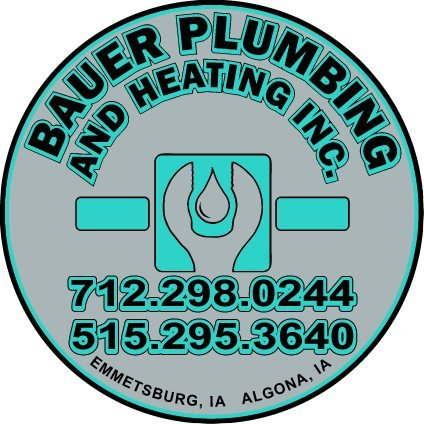 Bauer Plumbing and Heating Logo featuring a wrench with a water droplet in teal on gray