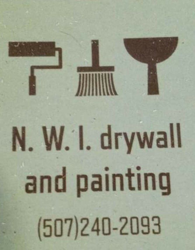 Business card for N.W.I. Drywall and Painting, with a roller, brush, and putty knife icons. Phone number: (507)240-2093.