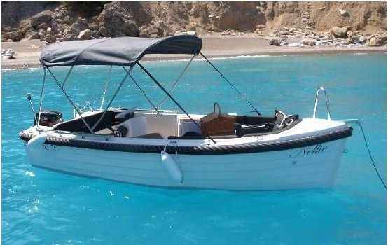 Una pequeña embarcación con dosel flota sobre un cuerpo de agua.