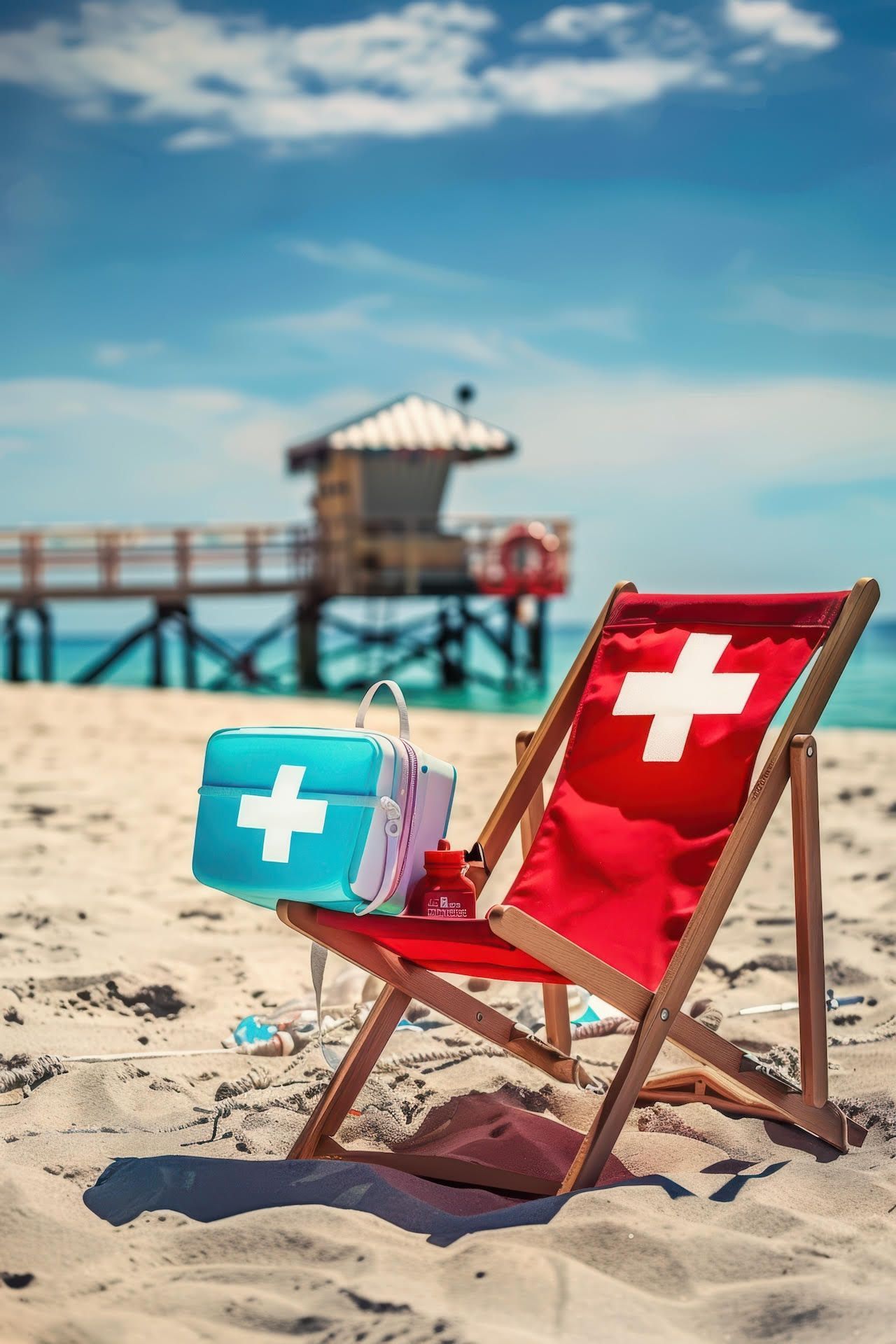 Una silla de playa roja con un botiquín de primeros auxilios en la playa.