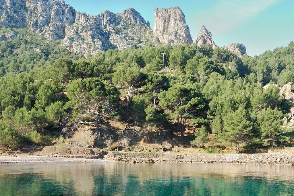 Un lago con montañas al fondo y árboles en la orilla.
