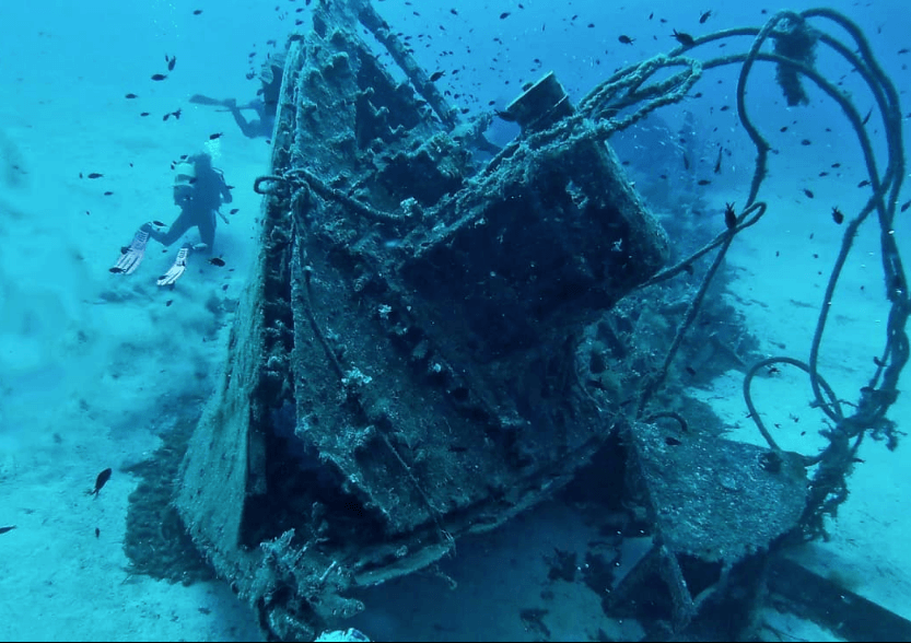 Un buceador está mirando un naufragio en el océano.