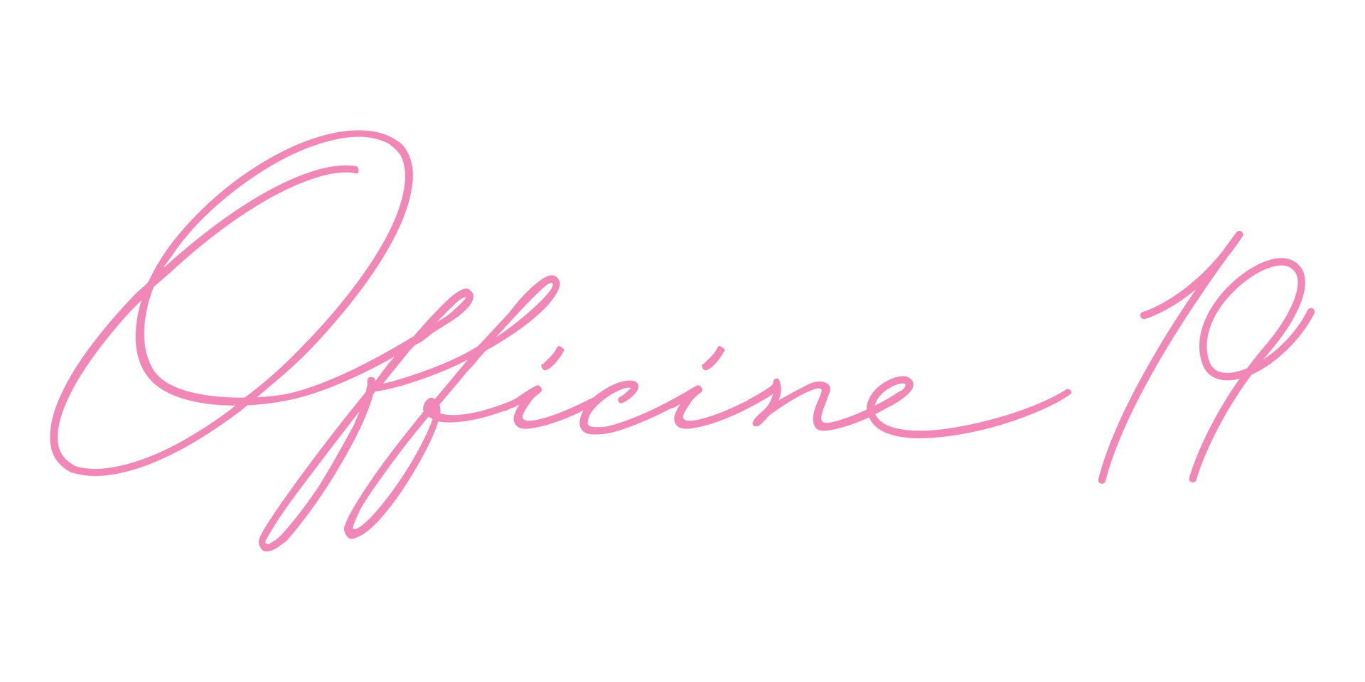 Un logotipo escrito a mano en color rosa para una empresa llamada Officine 19 sobre un fondo blanco.