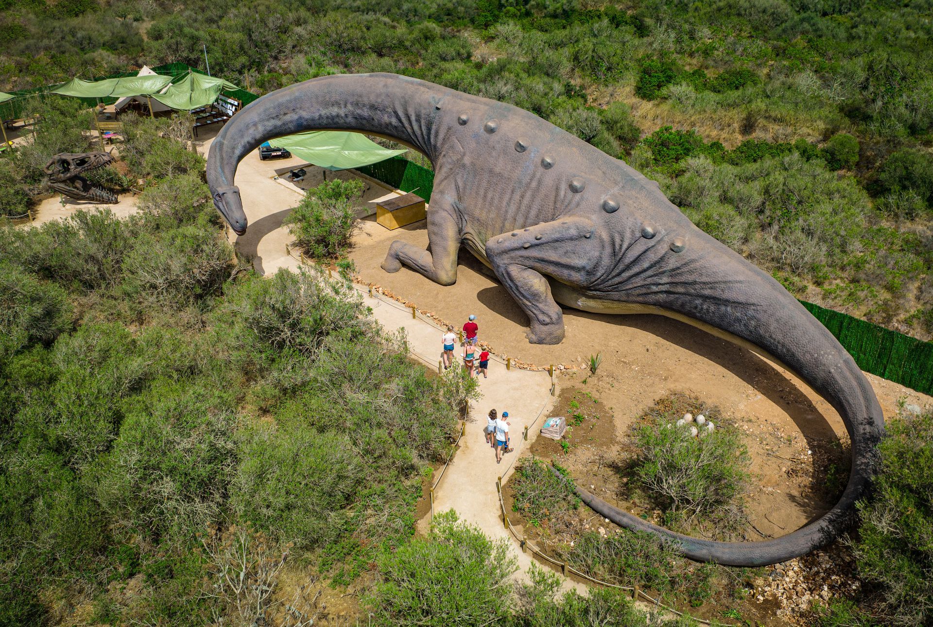 Una vista aérea de una gran estatua de dinosaurio en medio de un bosque.