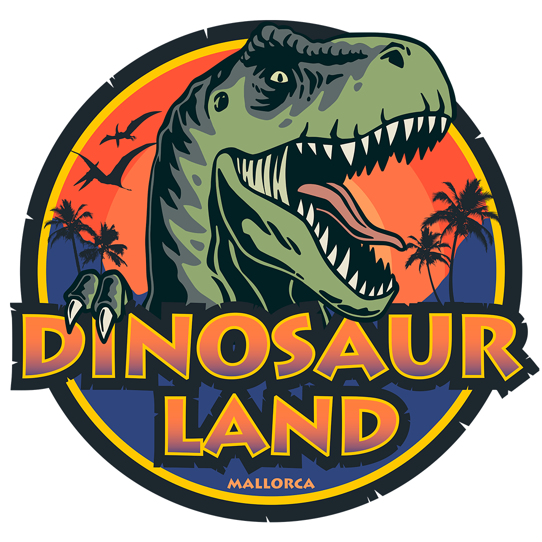 Un logotipo de Dinosaur Land con un T-Rex en el centro.