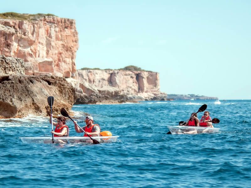 Un grupo de personas están remando en kayaks en el océano.