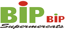 El logotipo de los supermercados BIP es verde y rojo con un círculo rojo en el medio.