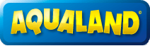 Un logotipo de Aqualand azul y amarillo sobre un fondo blanco.