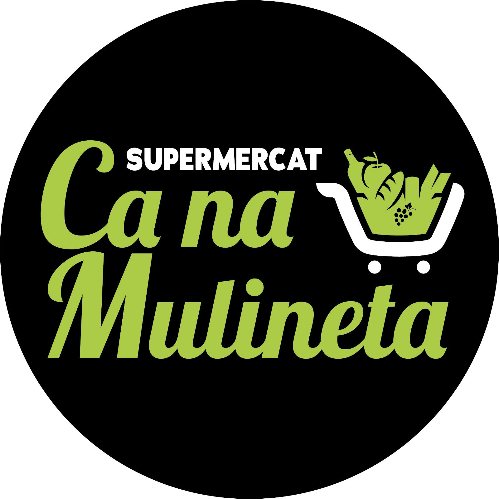 Un logotipo para un supermercado con un carrito de compras lleno de frutas y verduras.