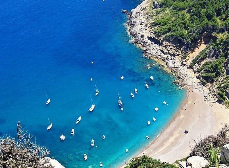 Una vista aérea de una playa con barcos en el agua.