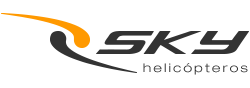 El logotipo de Sky Helicopters es negro y naranja sobre un fondo blanco.