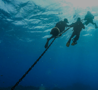 Un grupo de buceadores se aferra a una cadena en el océano.