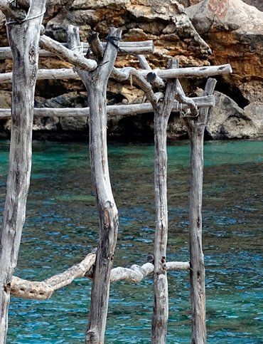 Una escalera hecha de madera cuelga sobre un cuerpo de agua.
