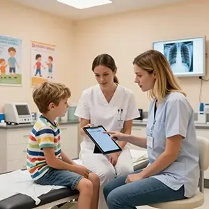 Child with two clinicians in a bright exam room, one showing a tablet while an X-ray displays on the wall