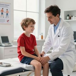 Doctor talking with a smiling child in a clinic exam room