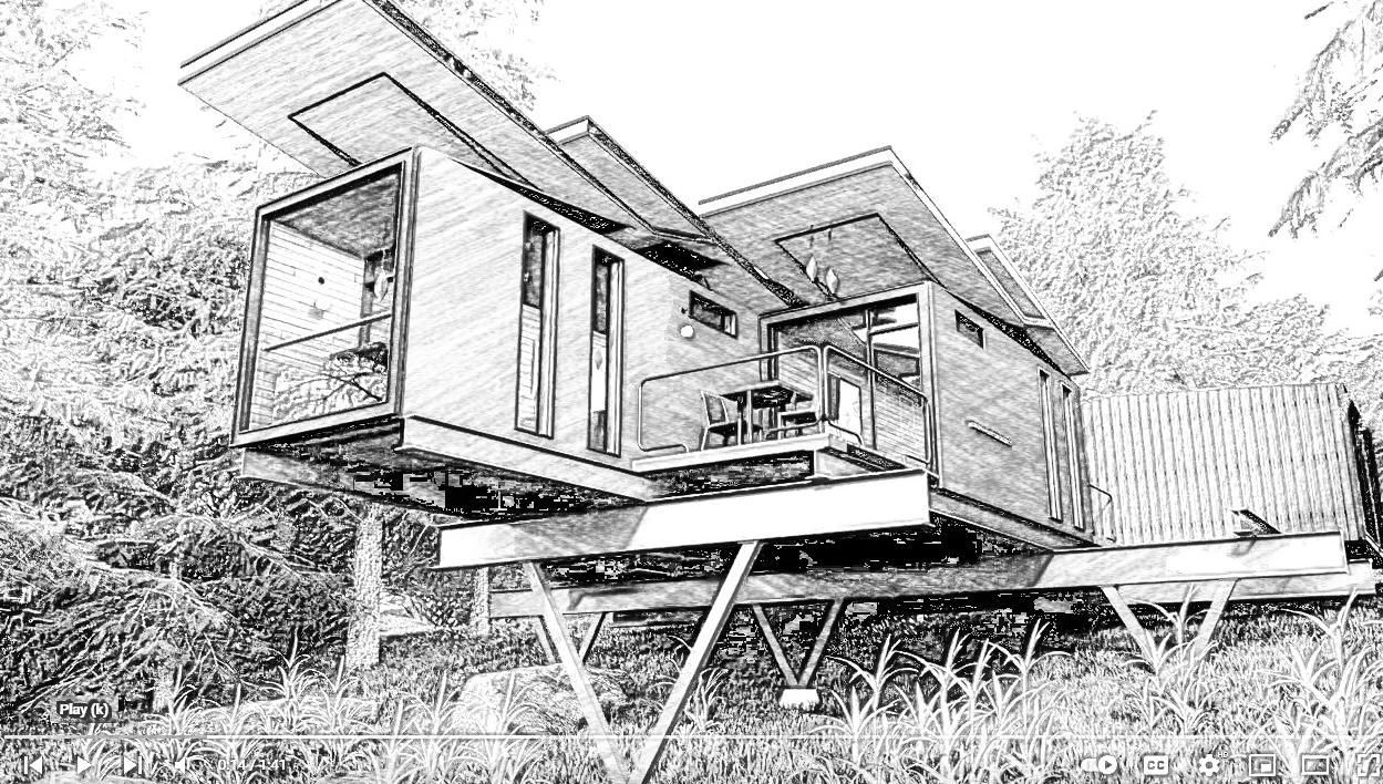 A black and white drawing of a modern house in the woods.