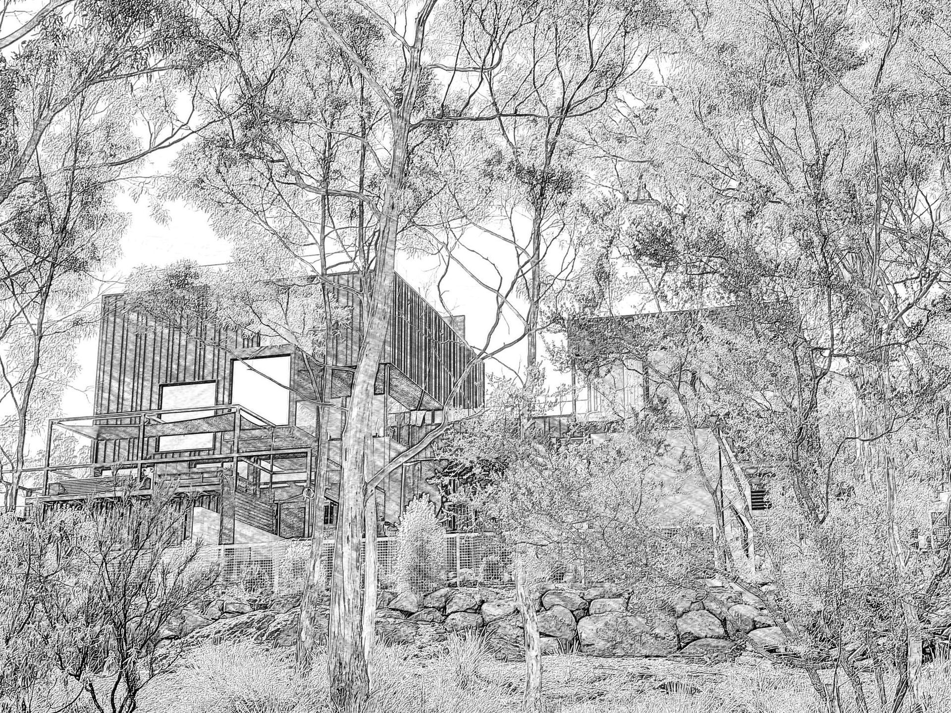 A black and white drawing of a tree house in the woods.