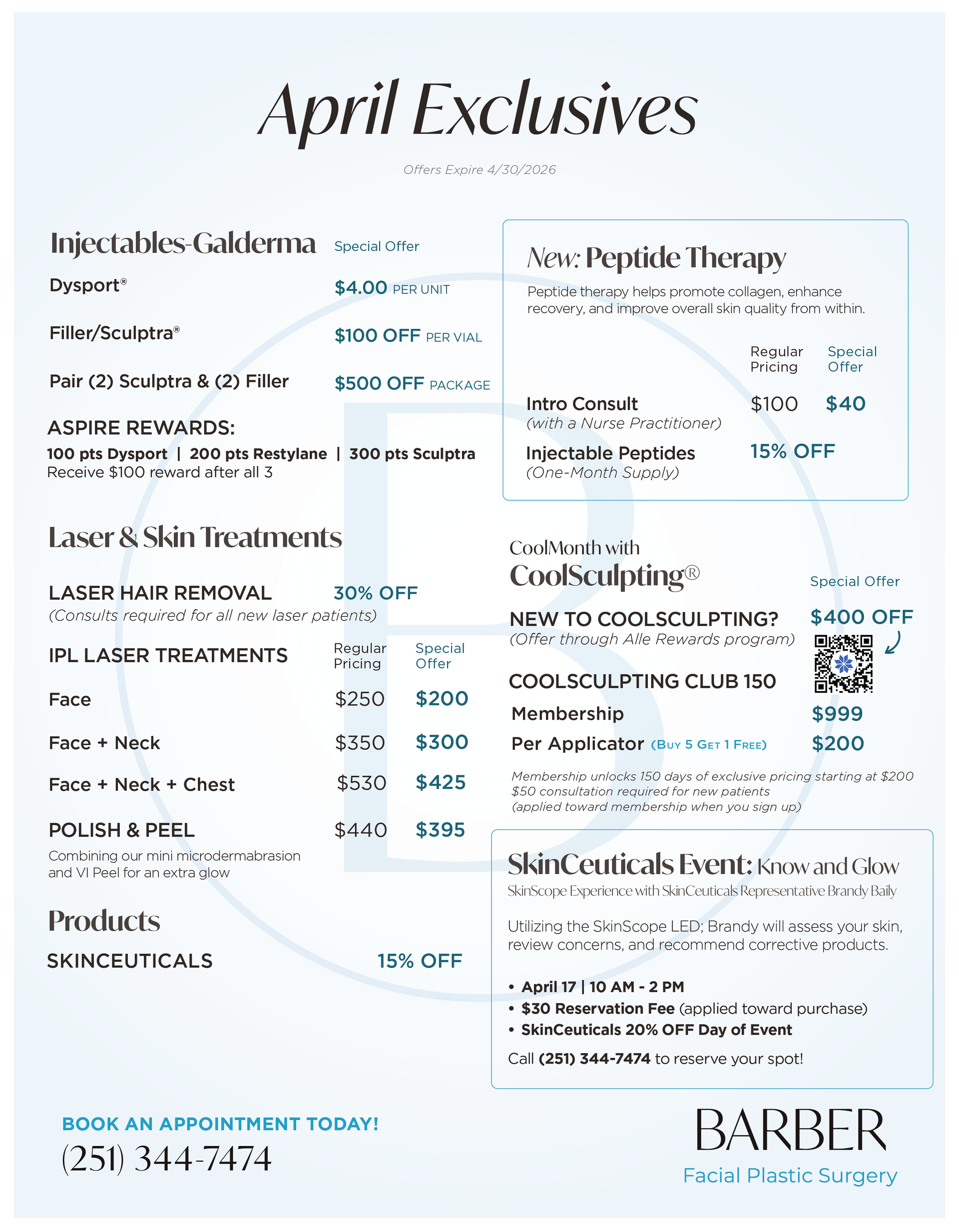 Flyer with Special Offers for March 2026 - Injectables Microneedling Laser and Skin Treatments 