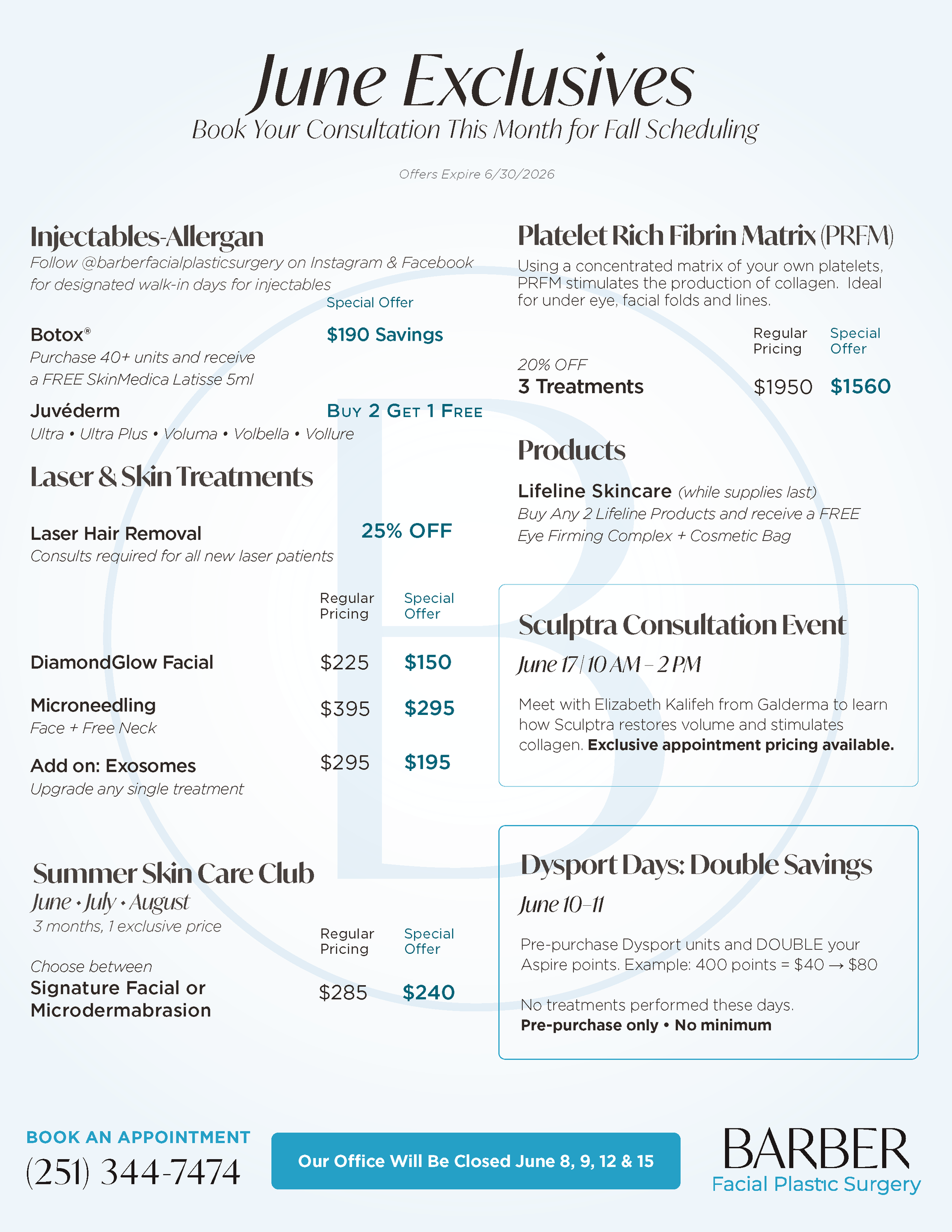 Flyer with Special Offers for May 2026 - Injectables Microneedling Laser and Skin Treatments 