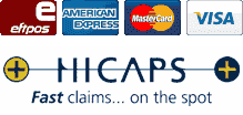 Logos for eftpos, American Express, Mastercard, Visa, and HICAPS, indicating payment options and on-the-spot claims.