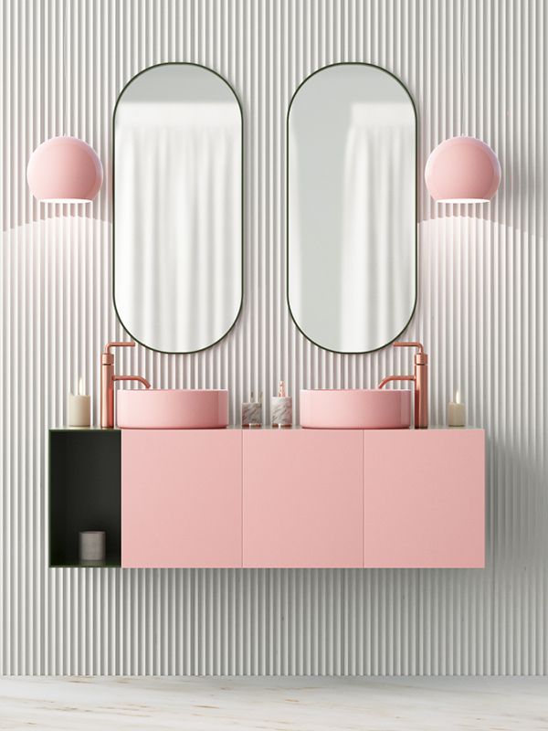 A Bathroom With Two Pink Sinks and Two Mirrors — Glen Lamberts Wall Cladding & Home Improvements in Forster, NSW