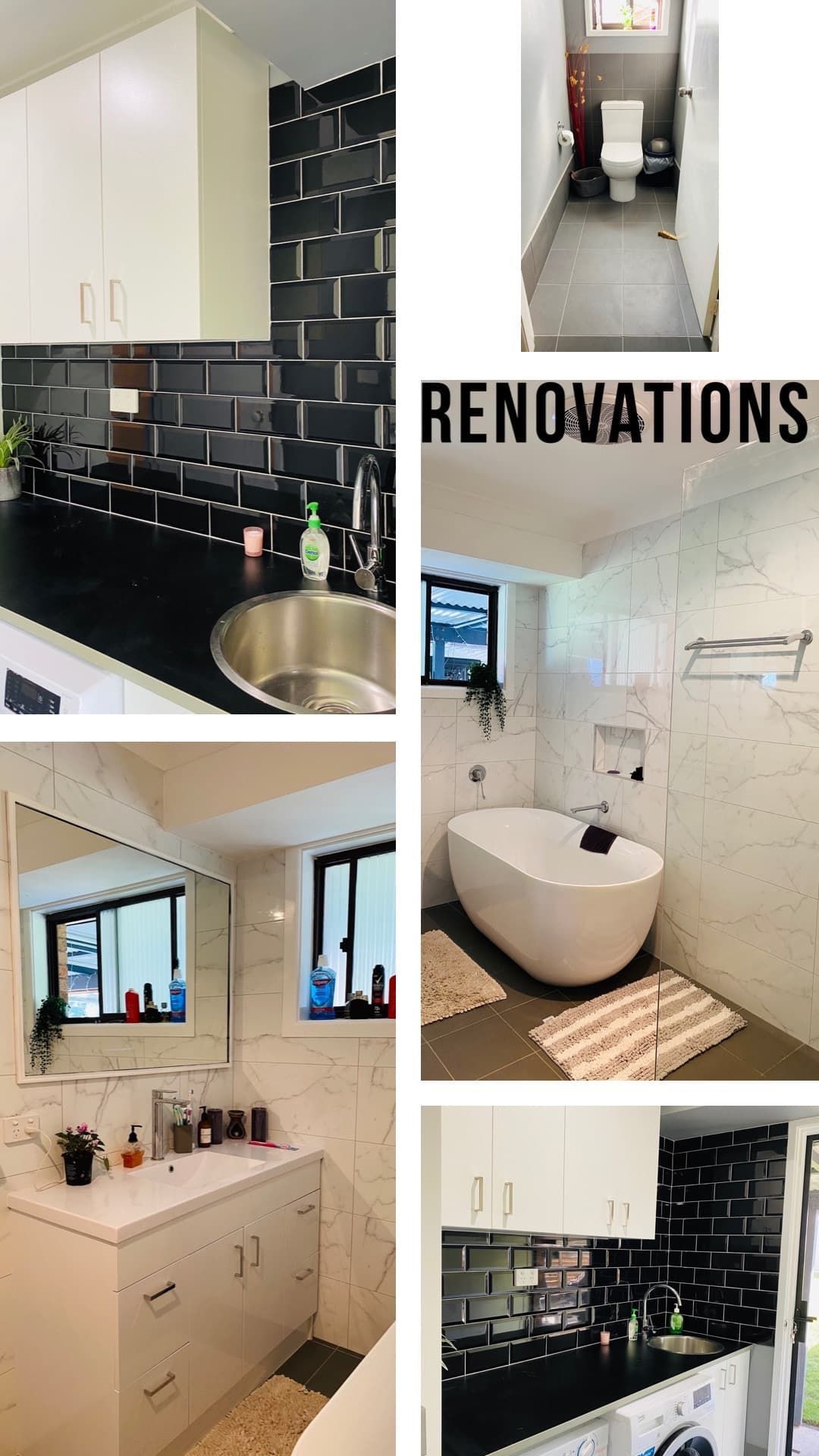A Collage of Pictures of a Kitchen, Bathroom, and Toilet — Glen Lamberts Wall Cladding & Home Improvements in Pampoolah, NSW