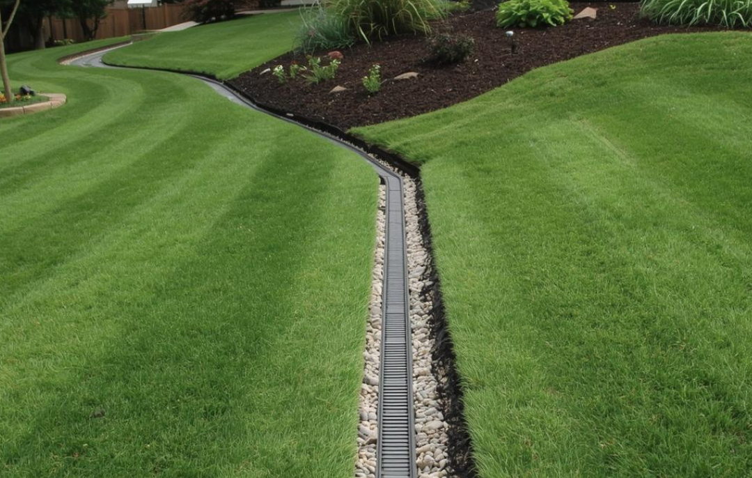 A neatly mowed lawn with a trench drain running through it.