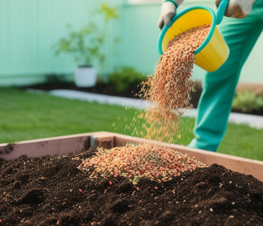 Gardener pouring granular fertilizer into a raised garden bed, yellow bucket, green pants, lawn in background.
