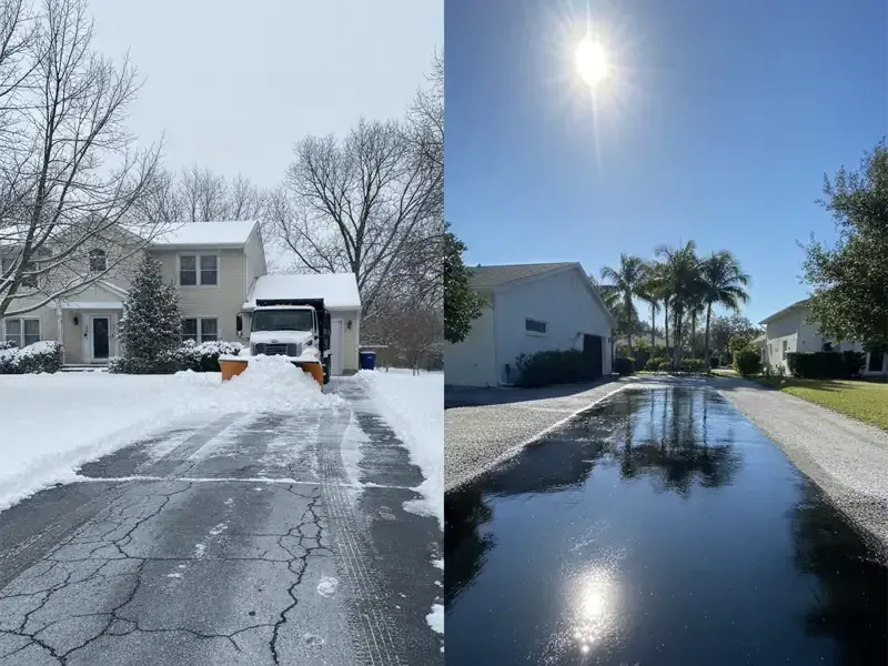 Snowy Michigan & sunny Florida views showing professional asphalt paving.